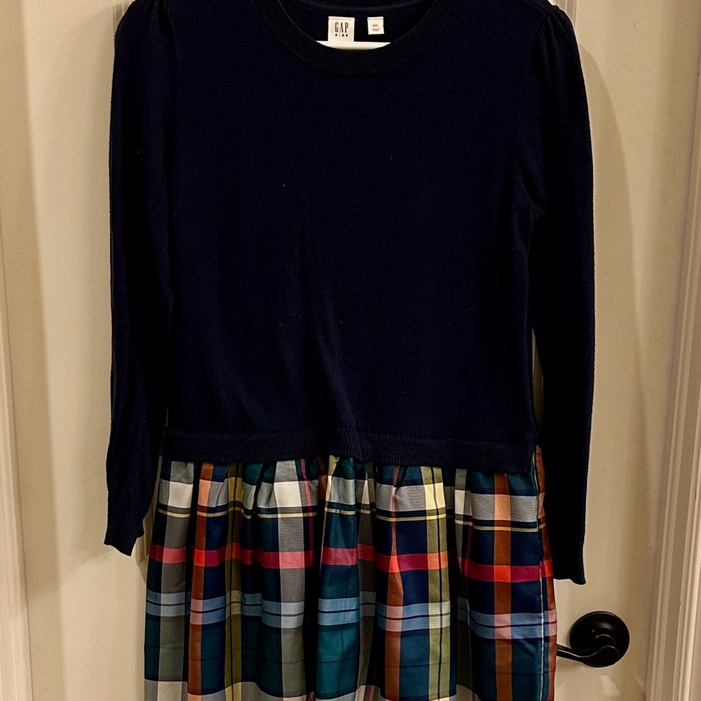 Navy Long Sleeve Dress with Plaid Skirt